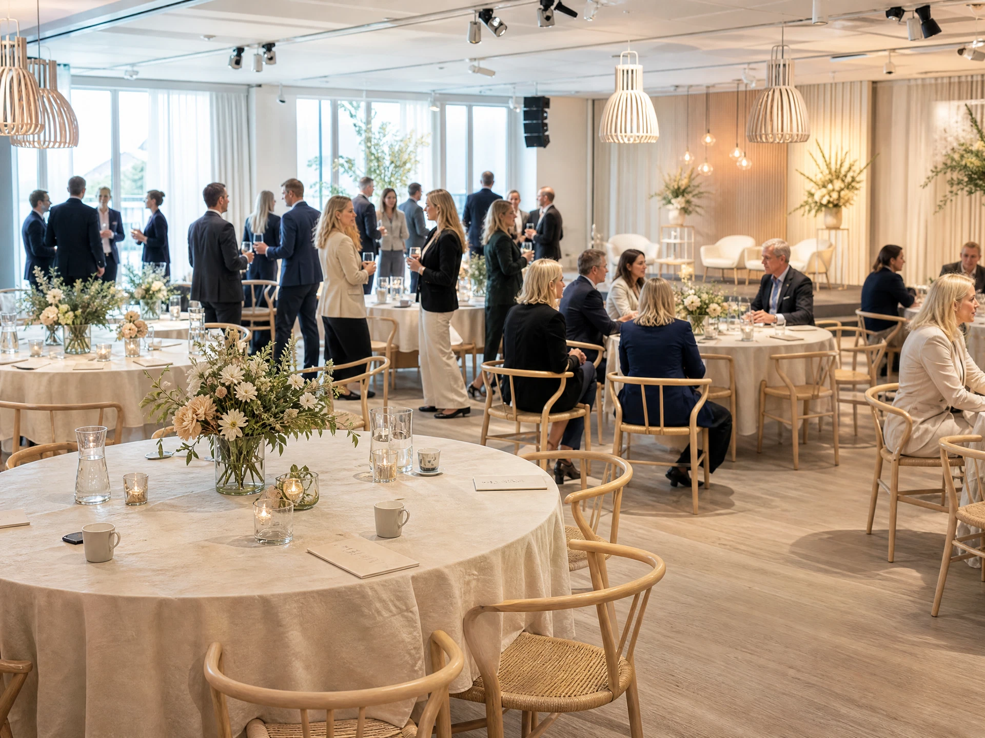 Ljust företagsevent med gäster, dukning och scen
